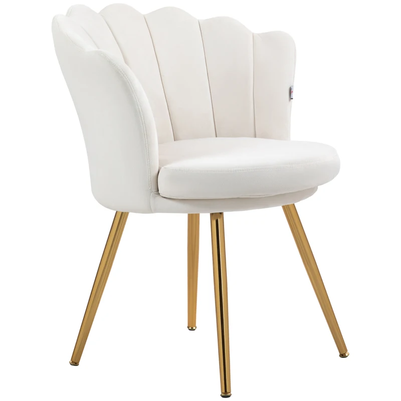 HOMCOM Sillón con forma de concha silla para tocador sillón de terciopelo con patas de metal dorado Crema