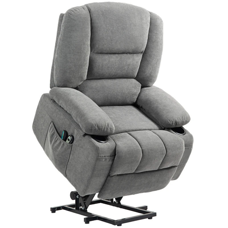 HOMCOM Poltrona Sollevabile Relax Elettrica, Funzione Massaggio e Calore, Inclinazione Regolabile, Poggi Piedi, Telecomandi, Grigio
