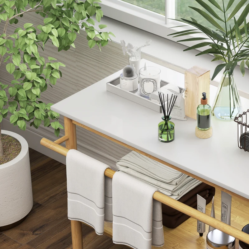 HOMCOM Estantería de baño almacenamiento mueble baño de bambú de 2 niveles con barra para toallas estante abierto