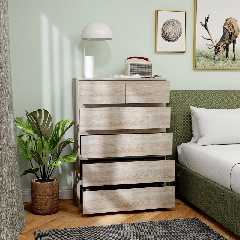 HOMCOM Cómoda 6 cajones Mueble de Almacenamiento sin tiradores diseño minimalista 80x39x115 cm Madera Natural