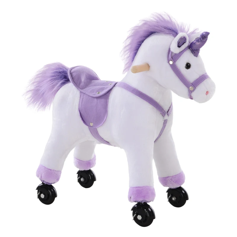 HOMCOM Cavalluccio a Rotelle per Bambini a Partire dai 3 Anni, Peluche con Effetto Sonoro, 60 cm di Altezza, 40 kg di Portata, Lilla
