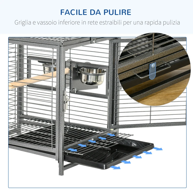 PawHut Gabbia per Pappagalli con Vassoio rimovibile, Ciotole in Acciaio Inox e 2 Posatoi, 48x38x65cm Nero