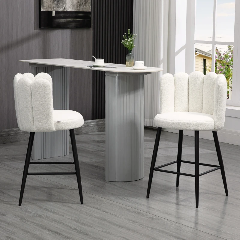 HOMCOM Conjunto de 2 sillas altas taburetes de bar con reposapiés acero tela efecto lana bouclé altura 65 cm Crema Negro