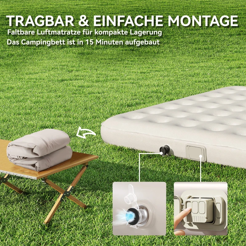 Outsunny Feldbett Campingbett mit Luftmatratze Pumpe 200 x 153 cm belastbar bis 200 kg Schwarz+Khaki