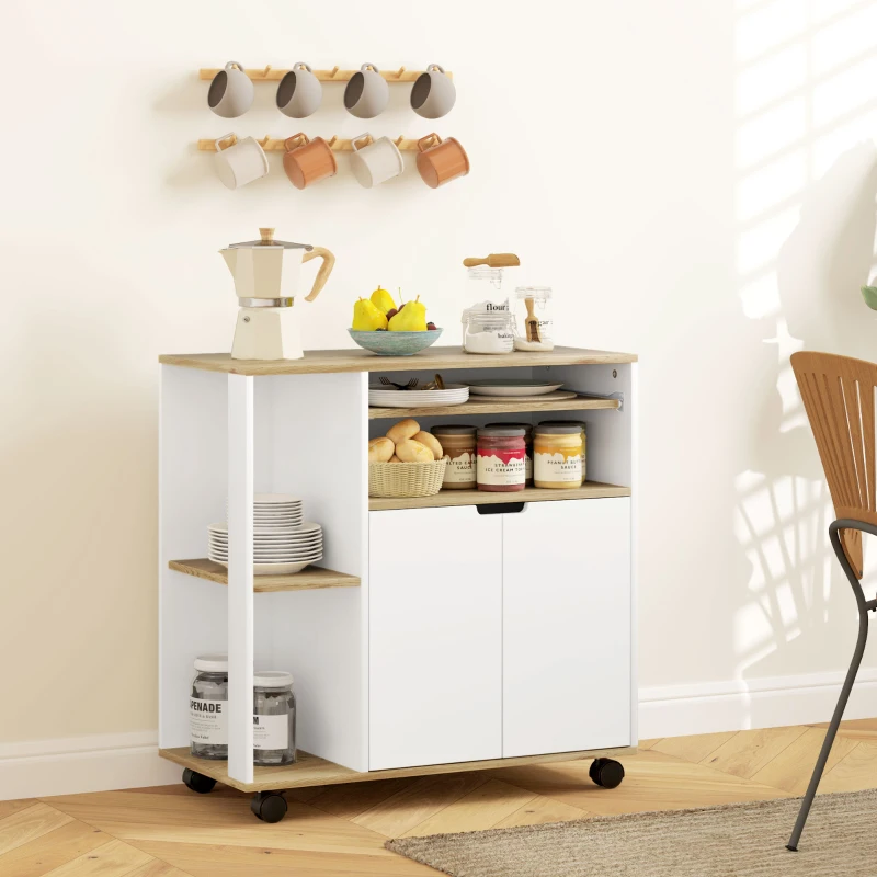 HOMCOM Carrito de Cocina Rodante con Espacio de Almacenamiento, Armario, Estantes Ajustables, para Cocina, Sala de Estar, Comedor, Blanco