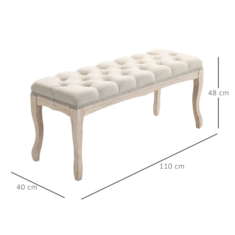 HOMCOM Banco Acolchado Banqueta de Estilo Clásico 110 cm Pie de Cama Acolchado en lino patas de madera de hévea talladas Lino Beige