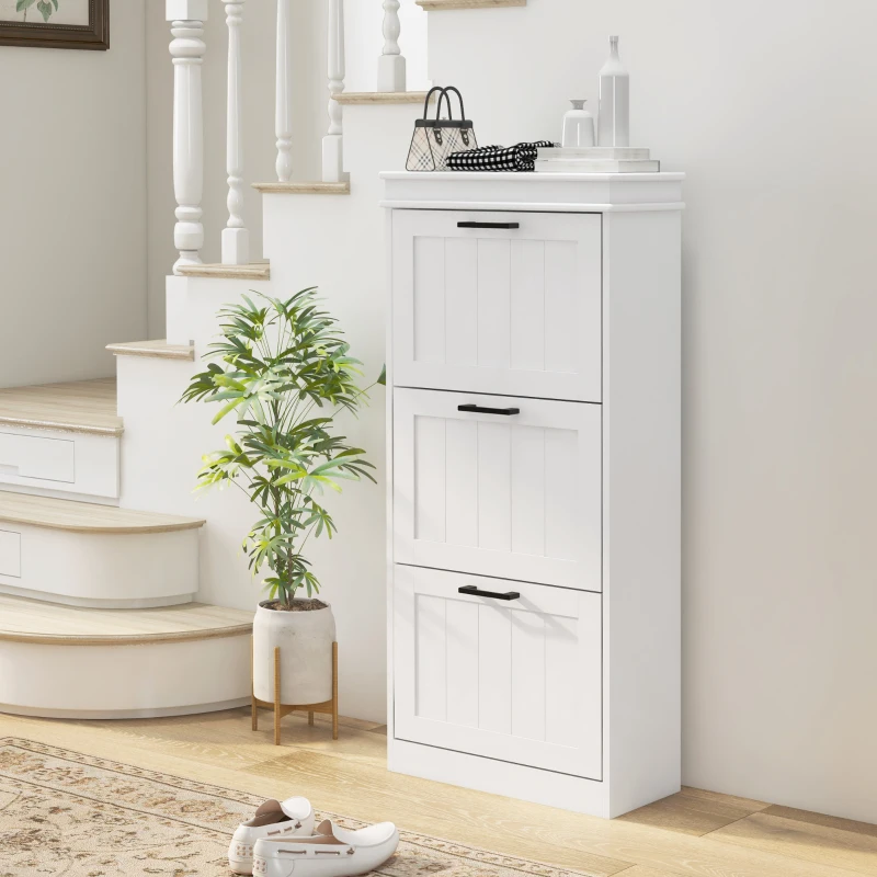HOMCOM Mueble de zapatos 3 puertas abatibles 15 pares estantes ajustables para entrada pasillo 54x24x117,5 cm Blanco