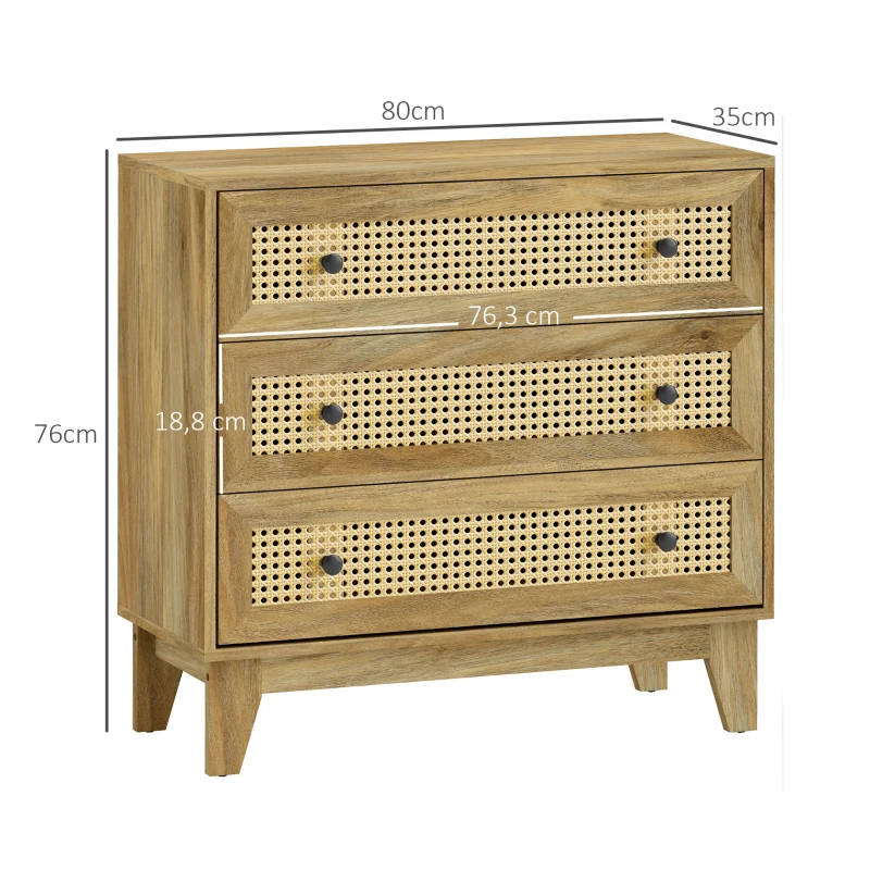 HOMCOM Cómoda 3 cajones Mueble de Almacenamiento con rejilla de ratán aspecto de madera clara 80x35x76 cm