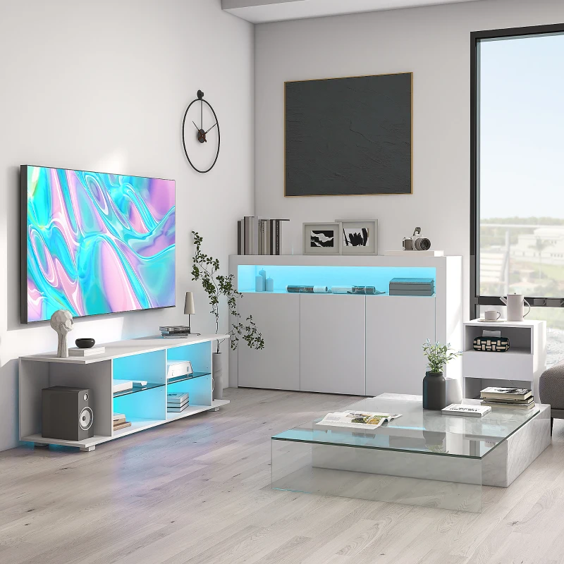 HOMCOM Mesita de noche mesa de noche LED cajón estantes tablero 40x40x55 cm Blanco brillante lacado