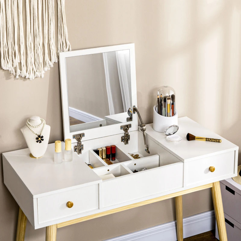 HOMCOM Conjunto de coiffeuse con taburete espejo plegable estilo escandinavo 2 cajones 100x45x118 cm Blanco
