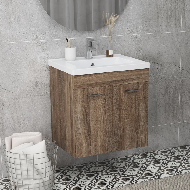 kleankin Mueble bajo lavabo suspendido con lavabo de cerámica y 2 compartimentos 60x45,5x60 cm Marrón claro