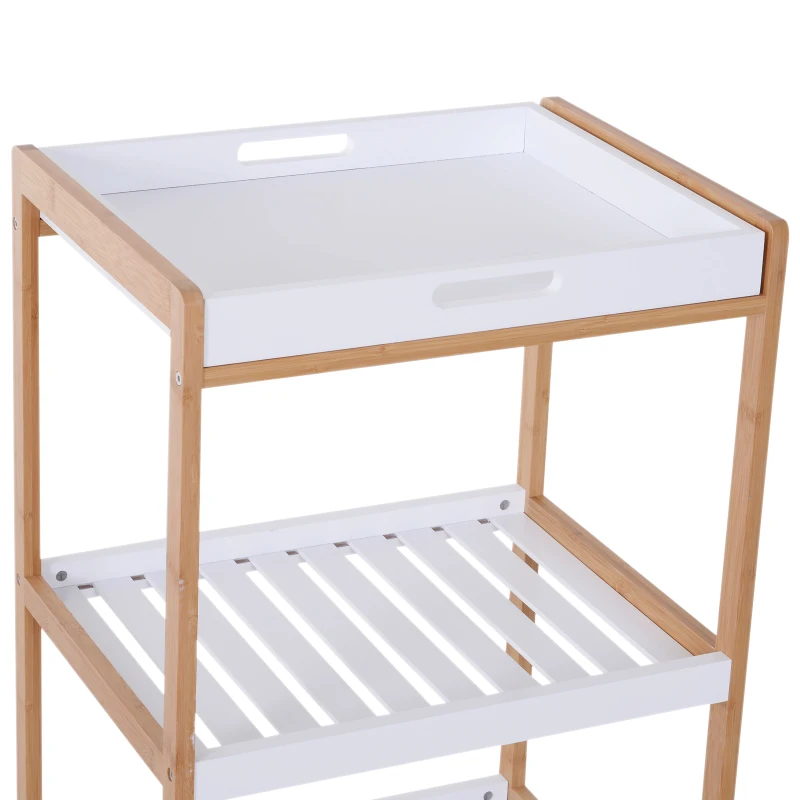 HOMCOM Carrito de servicio con ruedas para cocina 2 estantes + bandeja desmontable de madera de pino MDF Blanco