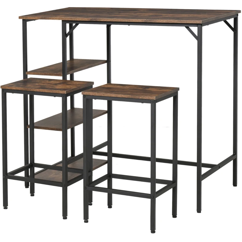 HOMCOM Conjunto de Mesa de Barra 3 estantes 2 taburetes Estilo Industrial Metal Negro Aspecto Madera Antigua vetas