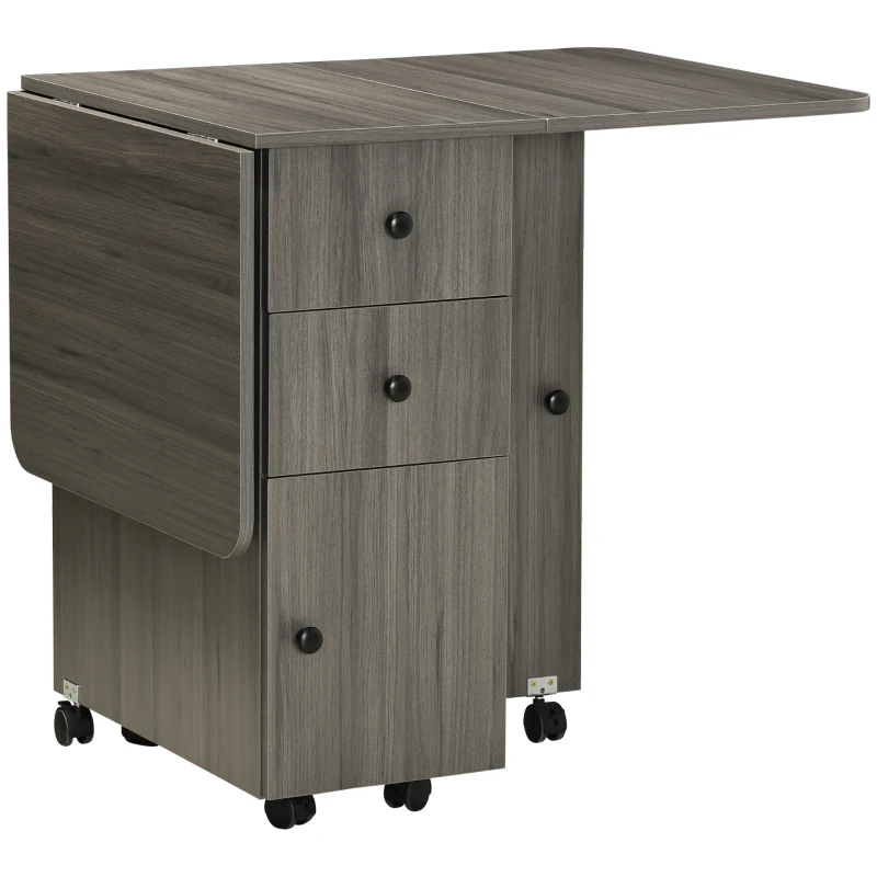 HOMCOM Mesa de cocina plegable mesa de comedor plegable 2 paneles abatibles con 2 cajones 1 armario Gris
