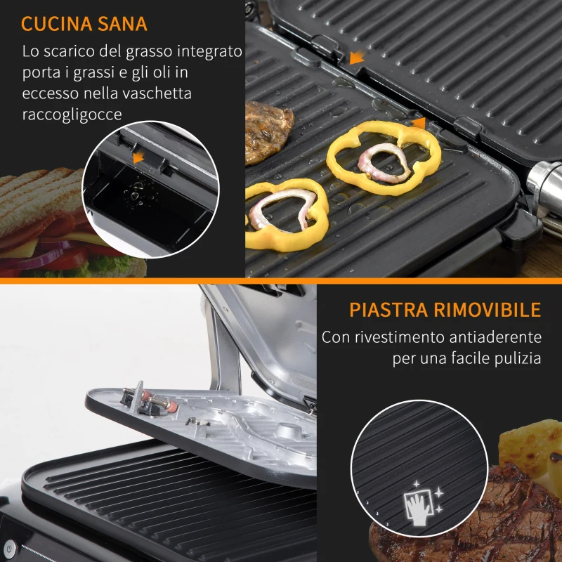 HOMCOM Piastra Elettrica Bistecchiera 2100W Apribile a 180° con 8 Programmi di Cottura, Nero