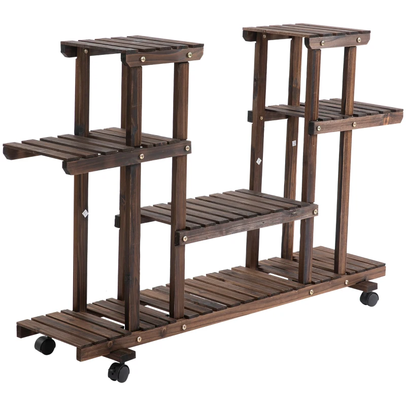 Outsunny Blumentreppe 6 Regale 4 Rollen 123,5 cm × 33 cm × 80 cm Massivholz Braun 123,5 cm × 33 cm × 80 cm