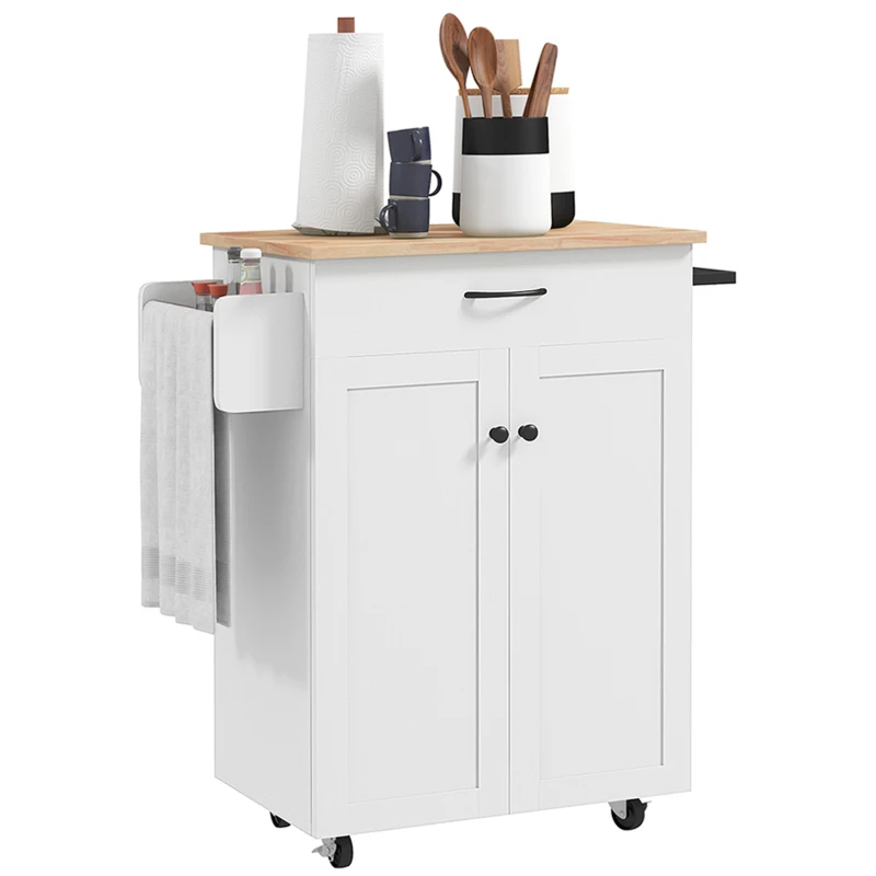 HOMCOM Isola da cucina con ruote piano in legno di eucalipto con cassetto armadio 2 porte 83 x 45 x 91,5 cm bianco