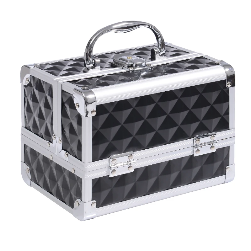 HOMCOM Maleta de maquillaje almacenamiento a 3 niveles con espejo cierre con 2 llaves 20x15x15 cm Negro