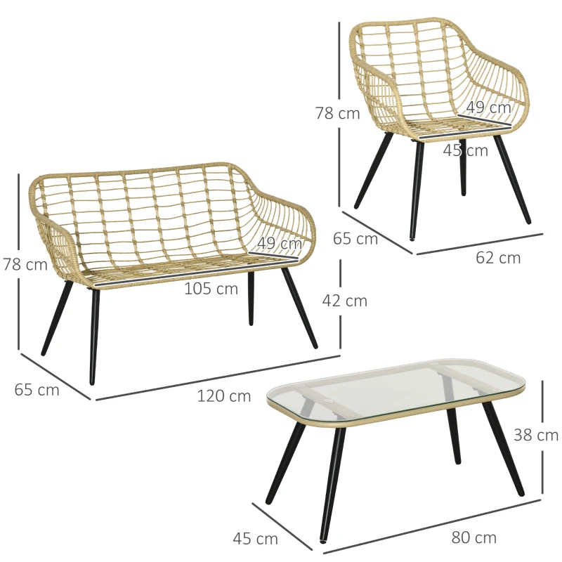 Outsunny Set da Giardino 4 Pezzi con 2 Sedie da Giardino, Divanetto 2 Posti e Tavolino Basso, Naturale e Crema