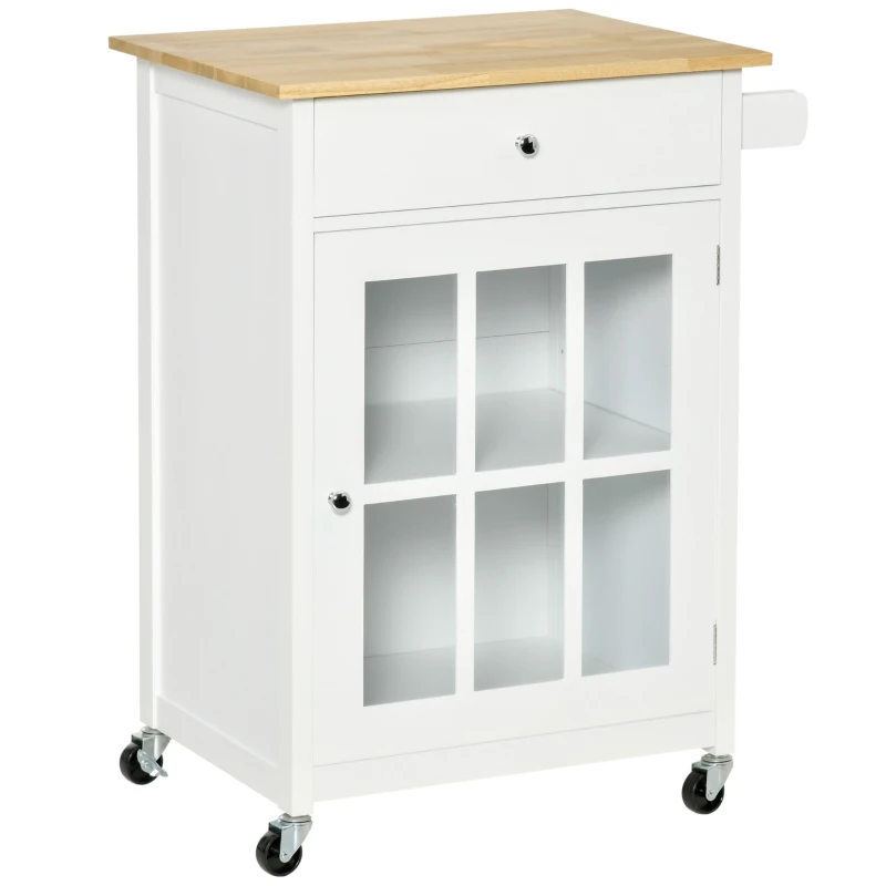 HOMCOM Carrito de cocina con ruedas multi-almacenamiento - armario con puerta de vidrio y estante ajustable cajón porta-toalla Blanco