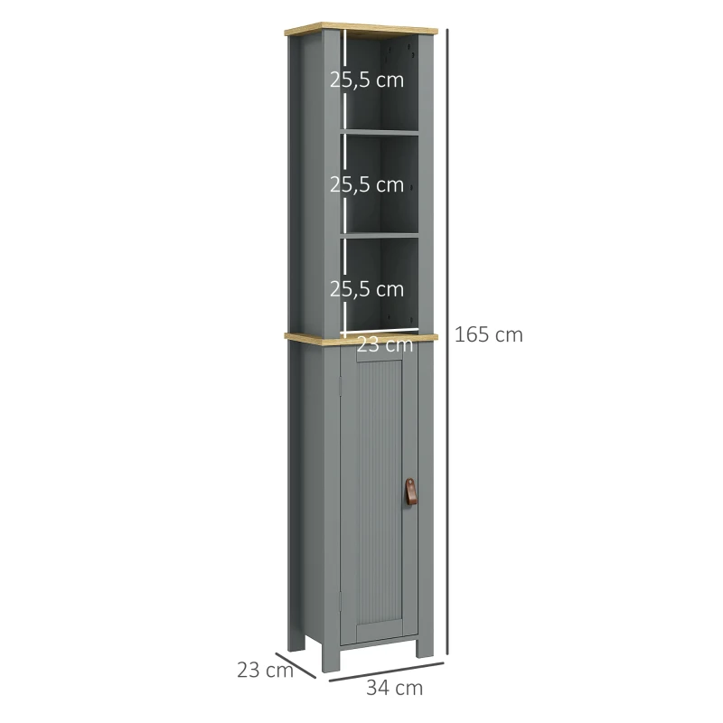 kleankin Mueble columna de baño armario con 3 niveles de estantes ajustables puerta con paneles de madera 34x23x165 cm Gris