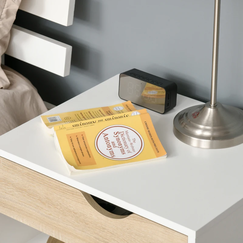 HOMCOM Mesita de Noche Mesa de Noche con cajón diseño moderno patas de madera maciza 50x39x51 cm Blanco y Madera Natural
