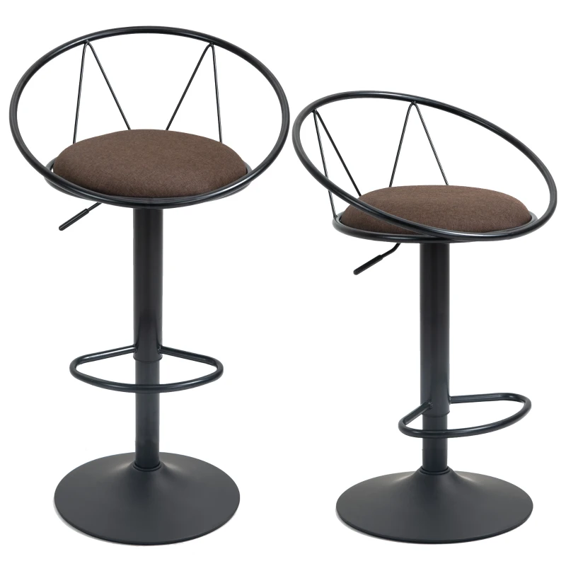 HOMCOM Conjunto de 2 Taburetes de bar Diseño neorretro ajustable giratorio con Reposapiés metal Negro Lino Marrón