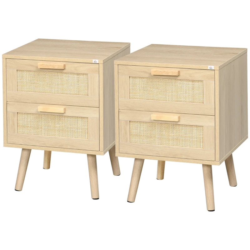 HOMCOM Conjunto de 2 mesitas de noche mesas auxiliares 2 cajones fachadas de mimbre estilo bohemio 40x40x56 cm natural(m-7)