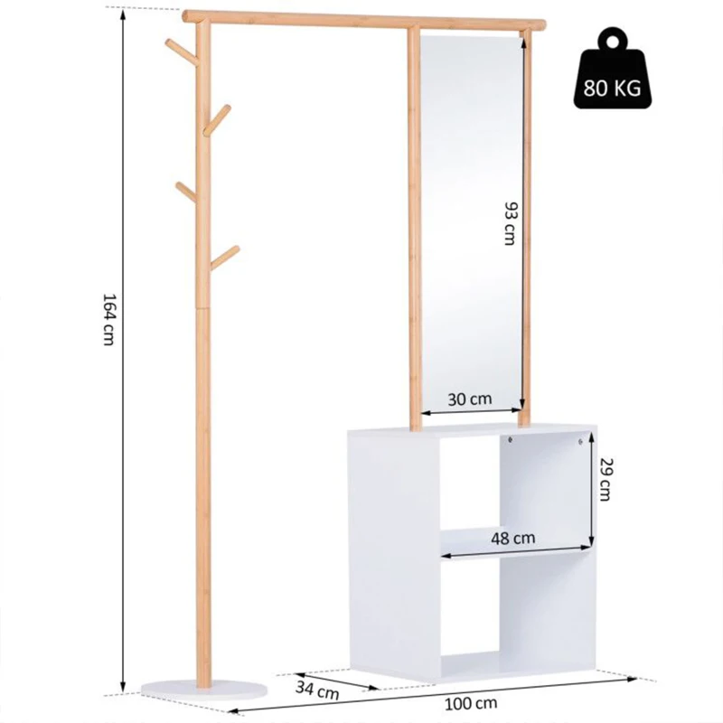 HOMCOM Perchero Mueble de Entrada Vestidor con Espejo 4 Ganchos 2 Compartimentos 100x34x164 cm MDF Blanco Madera Maciza Bambú