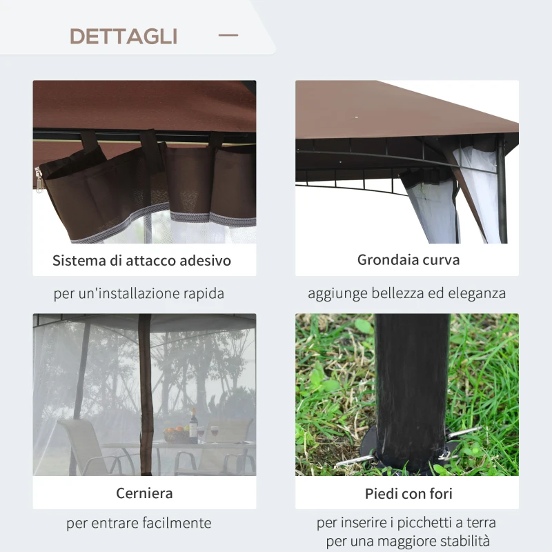 Outsunny Gazebo da Giardino 3x3m con Zanzariera, Tetto a 2 Livelli e Struttura in Metallo Marrone