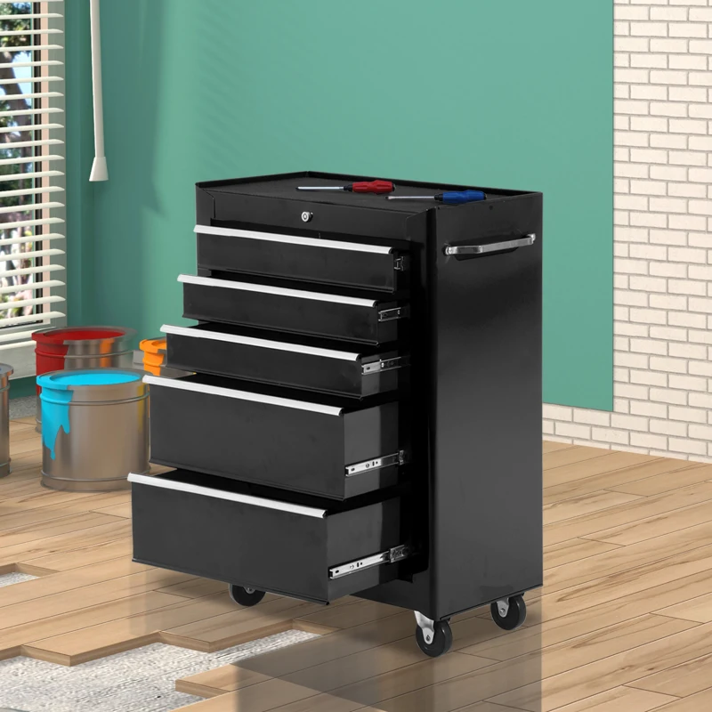 HOMCOM Werkzeugschrank, Werkzeugkiste, 5 Schubladen, rollbar, Stahl, Schwarz(m-9)