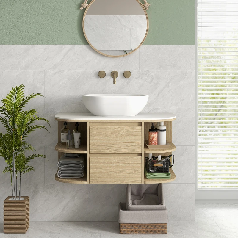 HOMCOM Mueble bajo lavabo baño suspendido mueble bajo lavabo con cajones de cierre suave y estantes Marrón