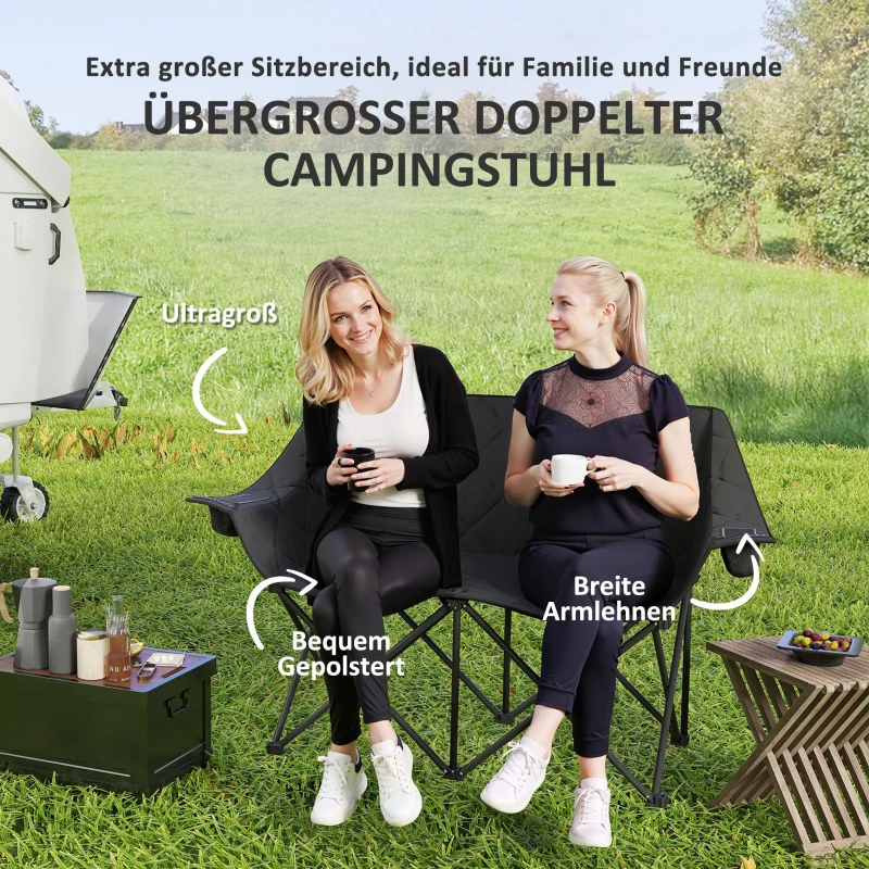 Outsunny Faltstuhl faltbar 2 Sitzer Campingstuhl mit Tragetasche Outdoor bis 250kg belastbar 145 x 60 x 92 cm Schwarz