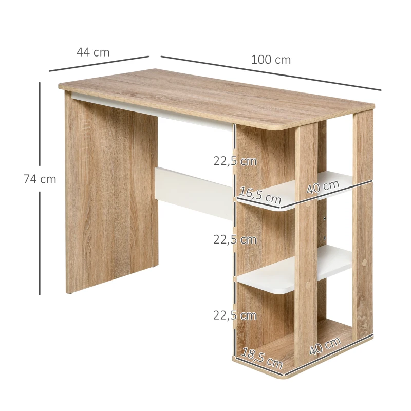 HOMCOM Escritorio de Computadora Mesa de Ordenador 100x44x74 cm 3 estantes laterales en Madera Color Roble Claro Blanco