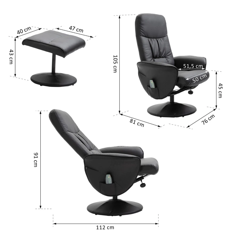 HOMCOM Sillón de Masaje con Reposapiés Sillón de Masaje Eléctrico con Función Reclinable 10 Puntos de Masaje Sillón de TV Giratorio