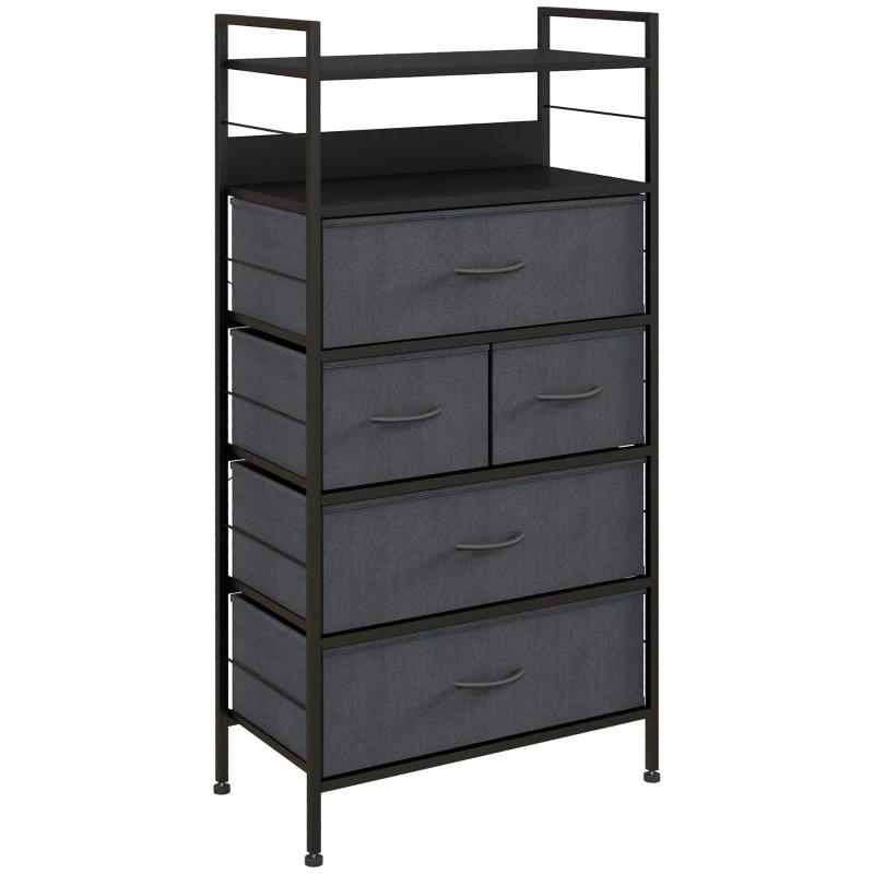 HOMCOM Cómoda Mueble de Almacenamiento 5 cajones en tela amovibles y 2 estantes estructura acero 58x30x120 cm Negro