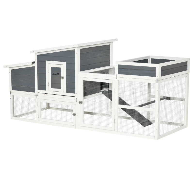 PawHut Galinheiro de Madeira Exterior Gaiola para 2 Galinhas com Cerca de Arame Tetos Asfálticos Abatíveis Ninho Bandeja Removível Rampa e Mesa de Cultivo 191,5x80x90cm Cinza