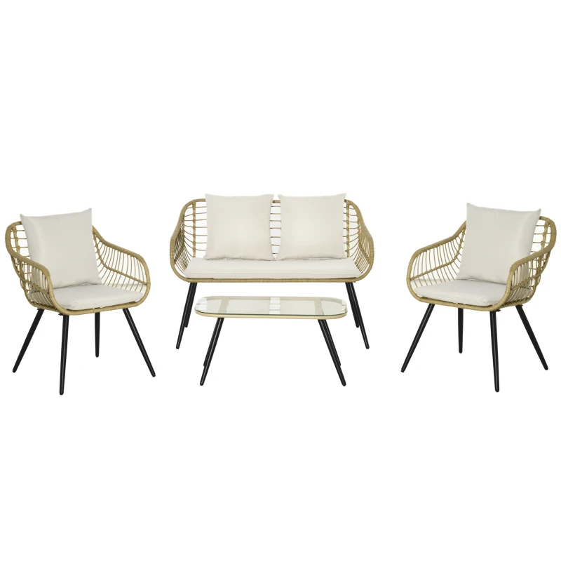Outsunny Set da Giardino 4 Pezzi con 2 Sedie da Giardino, Divanetto 2 Posti e Tavolino Basso, Naturale e Crema