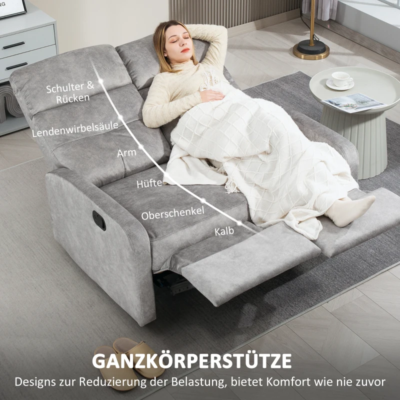 HOMCOM Dubbelzit-Stoel, Relaxstoel met Verstelbare Dubbele Rugleuning en Voetensteun, voor Woonkamer, Stoffen Bekleding, Grijs(m-7)