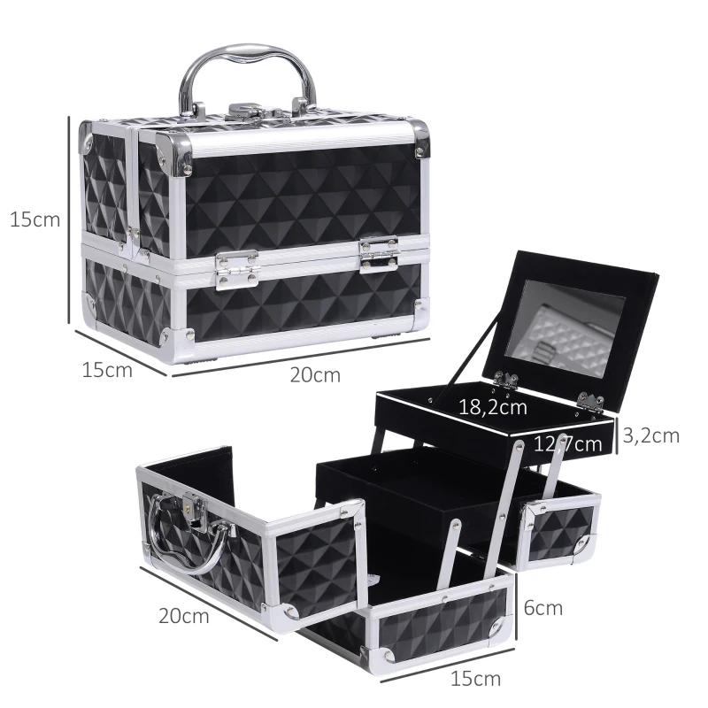 HOMCOM Maleta de maquillaje almacenamiento a 3 niveles con espejo cierre con 2 llaves 20x15x15 cm Negro