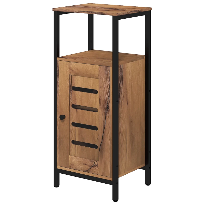 kleankin Mueble bajo de baño con puerta de lamas estructura de acero nicho abierto 37x30x85 cm Marrón rústico