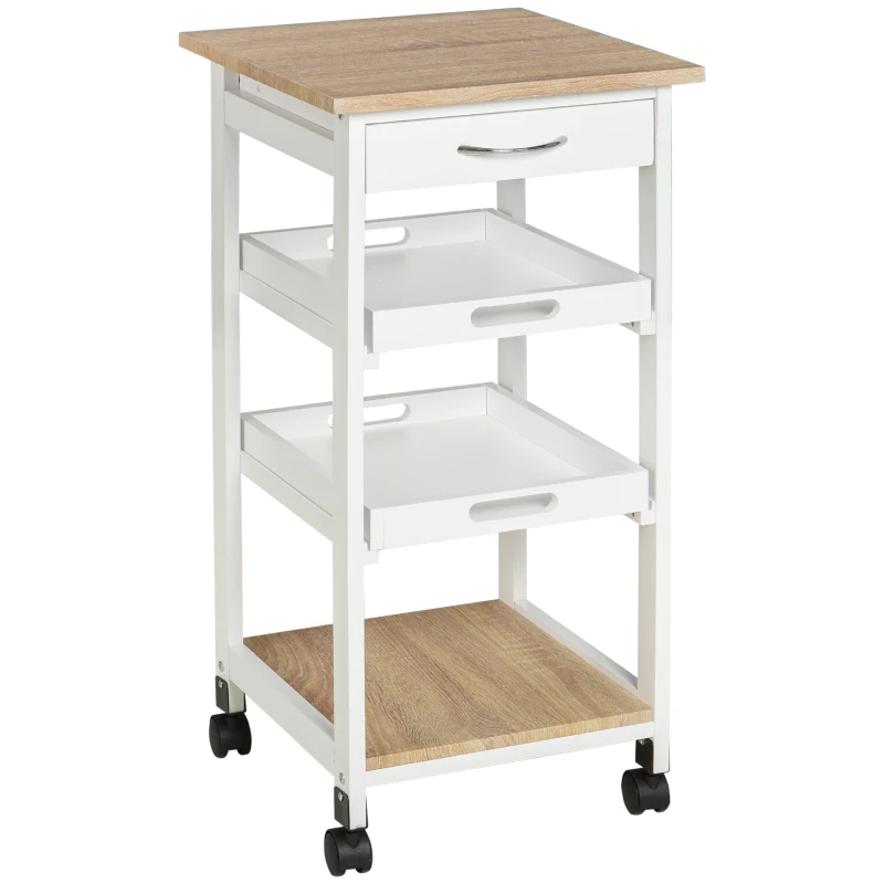 HOMCOM Carrito de servicio carrito de cocina con ruedas 2 bandejas extraíbles cajón estante Roble claro madera de pino Blanco