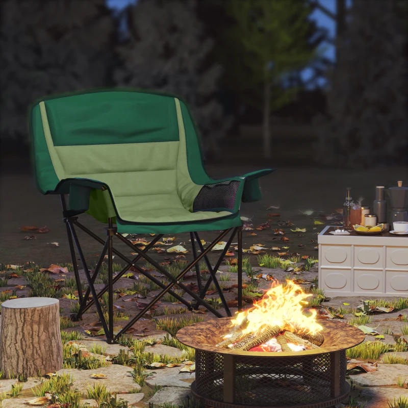 Outsunny Opvouwbare Stoel, Gepolsterde Visstoel, Metalen Frame, Bekerhouders, Olijfgroen