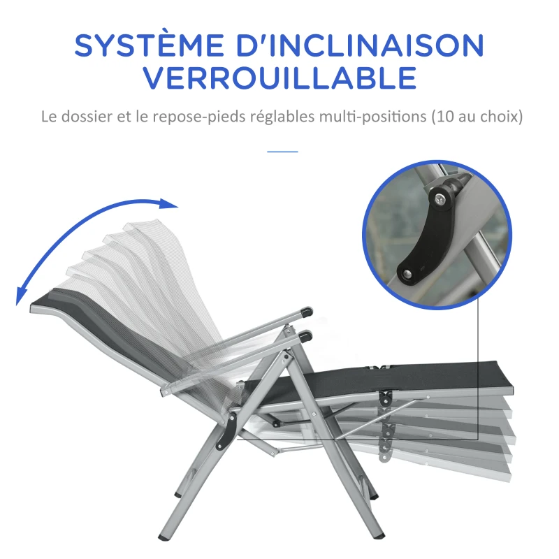 Outsunny Chaise longue pliable transat bain de soleil avec dossier & repose-pied réglable multi-positions, noir