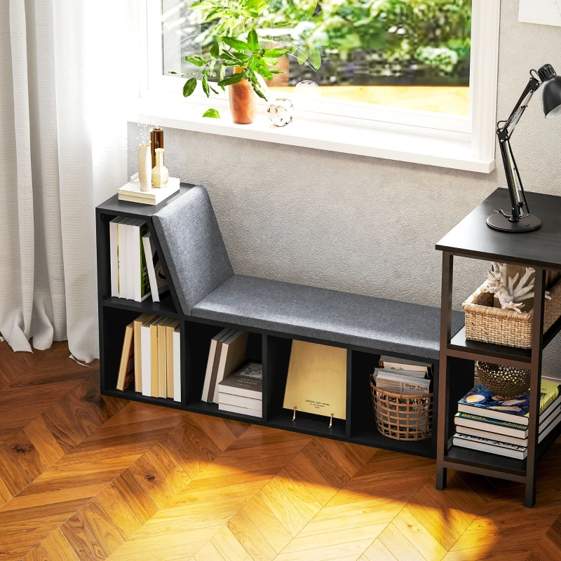 HOMCOM Biblioteca banco 2 en 1 con 5 compartimentos de almacenamiento y 2 cojines 108x30x60 cm Negro Gris