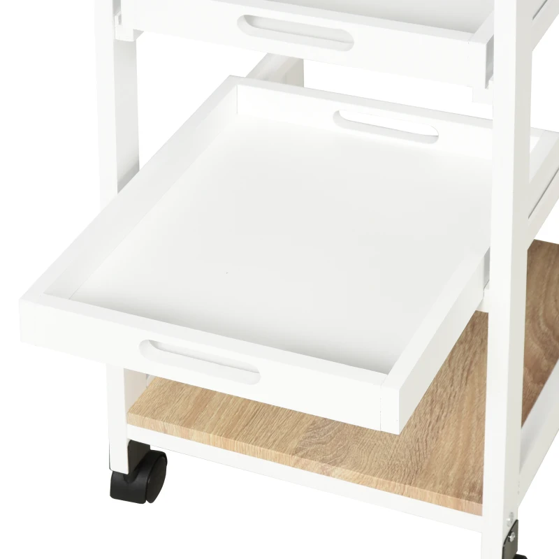 HOMCOM Carrello da Cucina con Ruote, 2 Ripiani Rimovibili, Cassetto, Scaffale, in Legno di Pino, Bianco