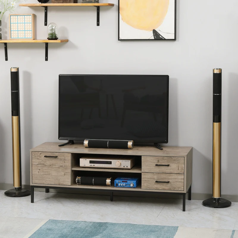 HOMCOM Mueble TV mesa de TV hasta 50 pulgadas con armario 2 cajones y 2 nichos - 2 pasacables - 132x39x45,5 cm Gris Negro