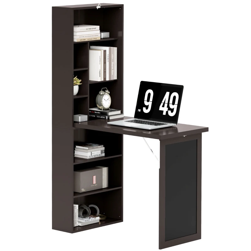 HOMCOM Escritorio con almacenamiento plegable de pared con biblioteca área de trabajo pizarra y estante ajustable