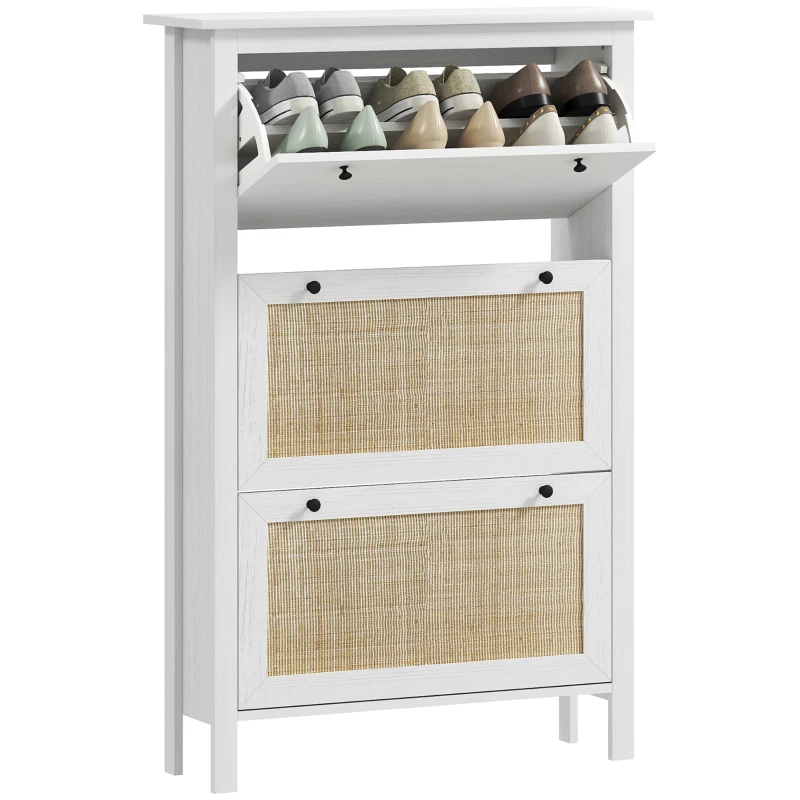 HOMCOM Mueble de zapatos estante de zapatos armario 3 puertas abatibles efecto ratán - en madera Blanco