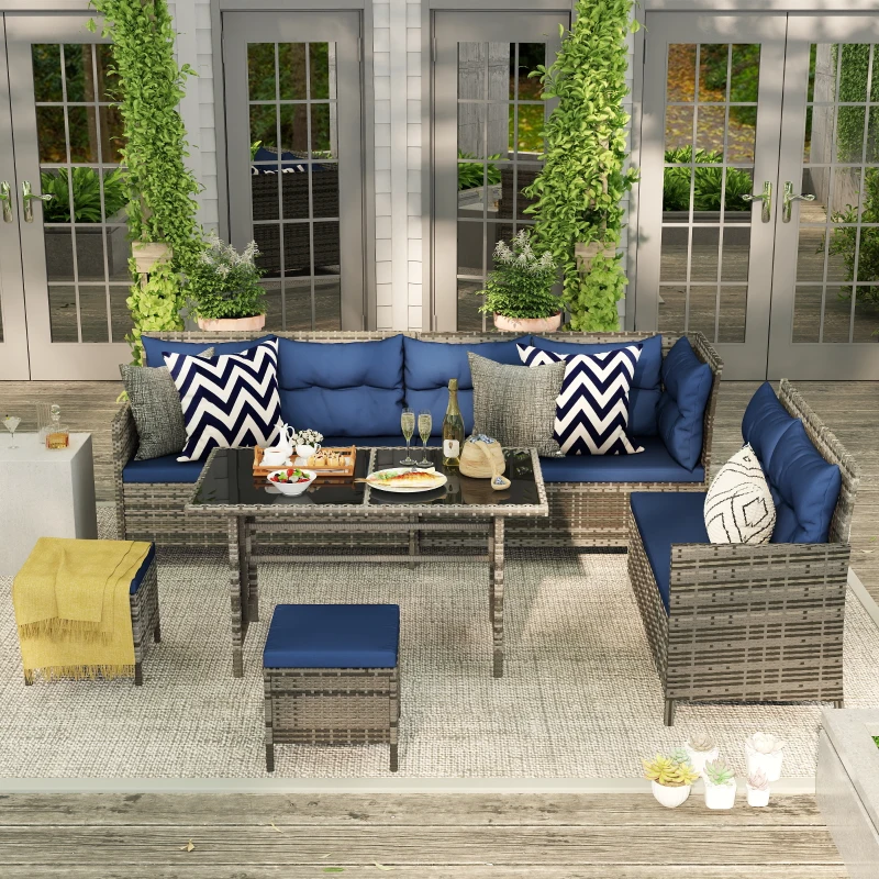 Outsunny 7-Seater Patio wicker Sofa Set Rattan Chair Furniture w/ Glass & Cushioned, Dark Blue